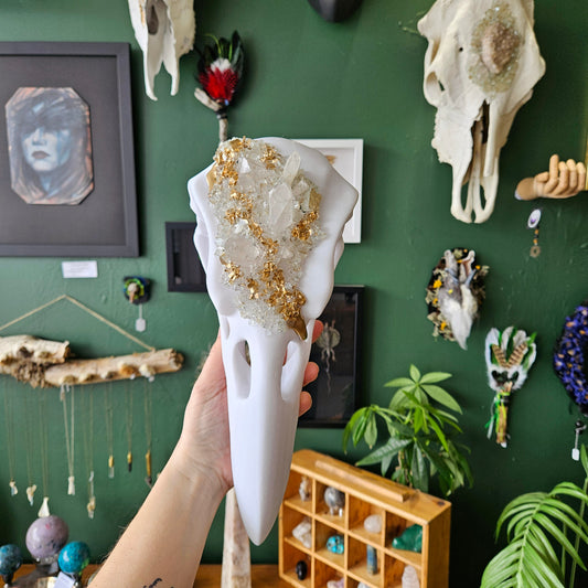3D Printed XL Raven Skull With Clear Quartz - Wall Hanging