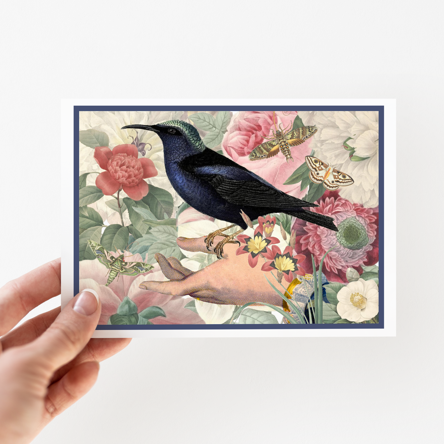 Greeting Card. Vintage Hand With Dark Bird In Florals.