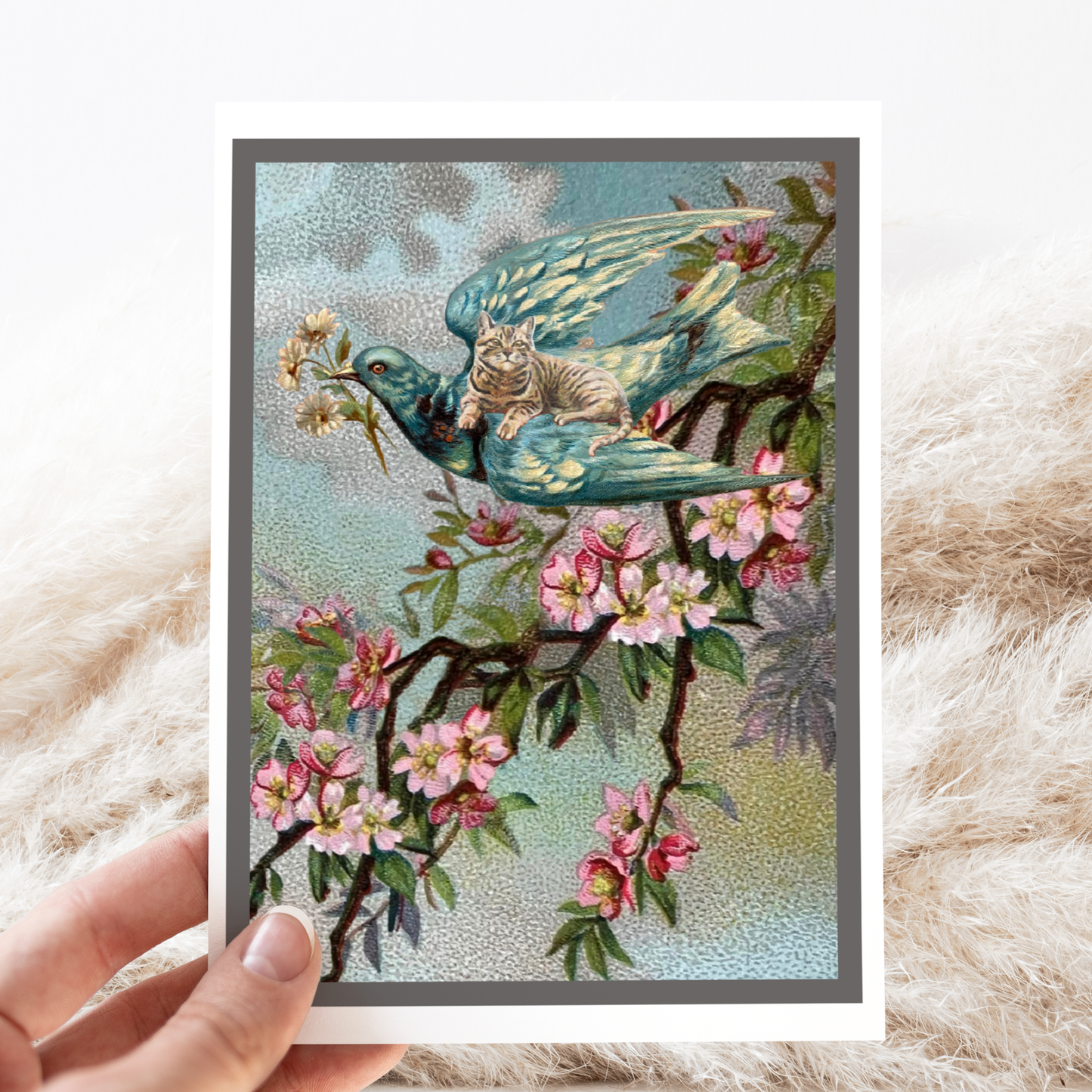Greeting Card. Vintage Cat Riding Flying Bird.