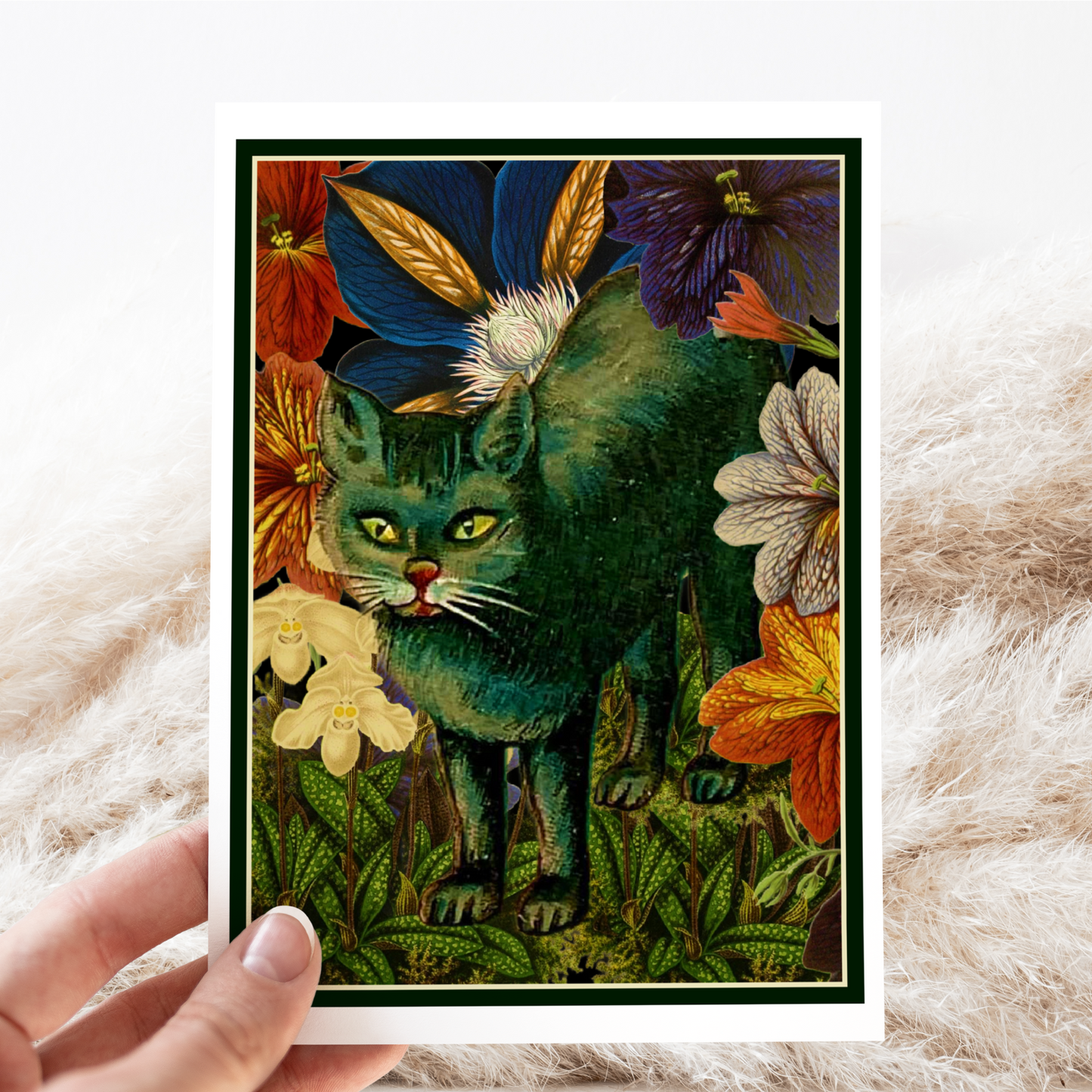 Greeting Card. Vintage Black Cat and Florals. Everyday.