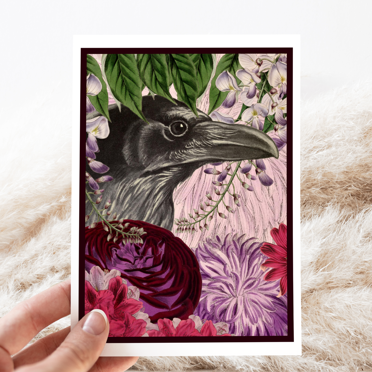 Greeting Card. Vintage Raven With Purple Flowers