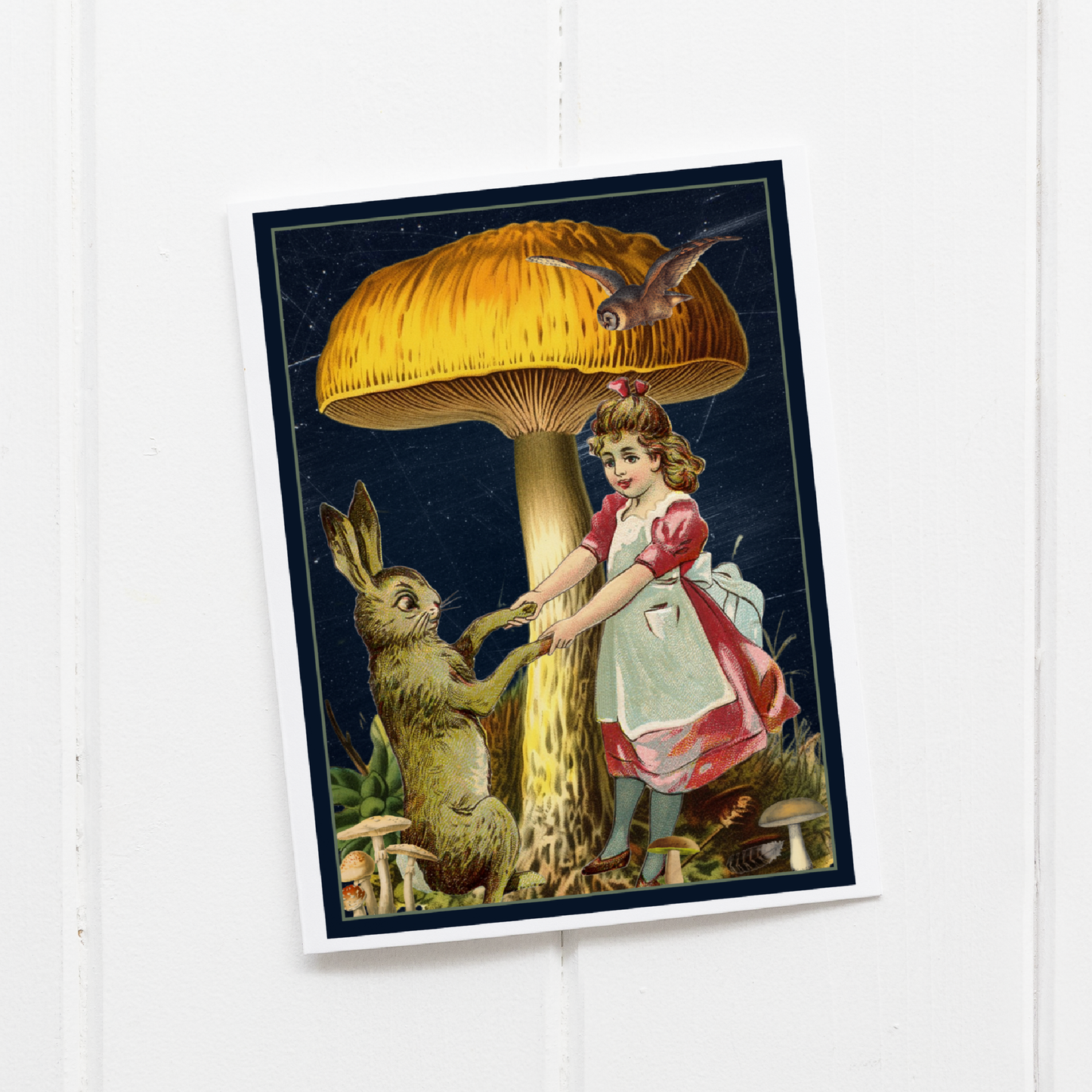 Greeting Card. Vintage Girl And Rabbit Under Toadstool.