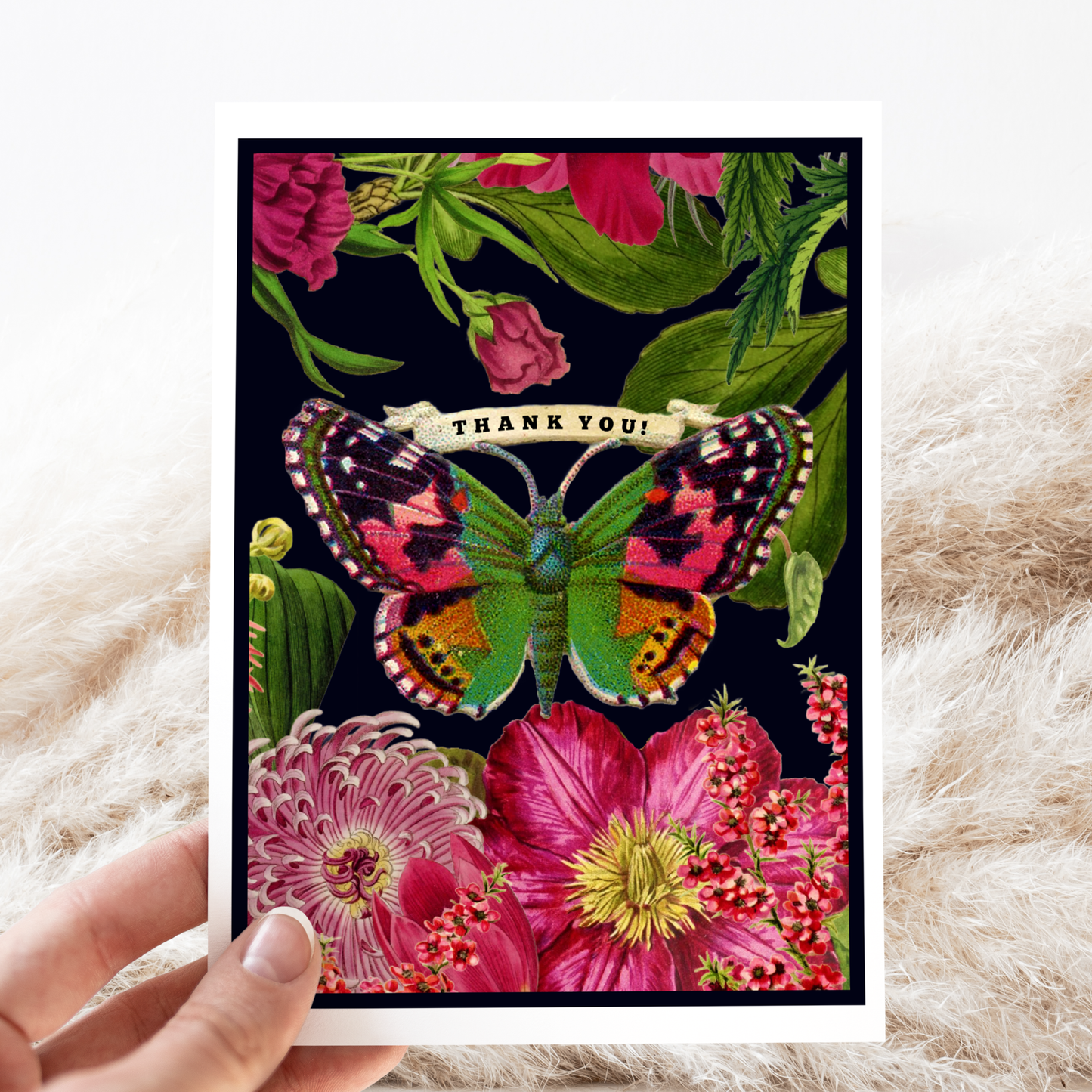 Thank You Card. Vintage Butterfly. Pink Flowers. Floral.