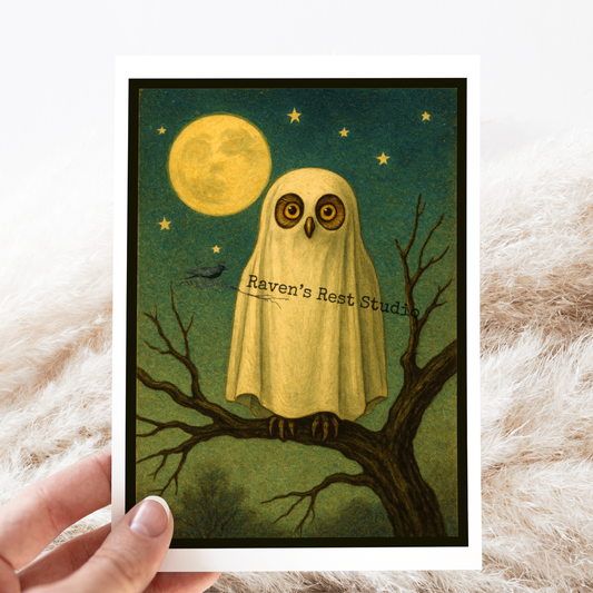 Halloween Card. Vintage Postcard Style. Owl in Ghost Costume