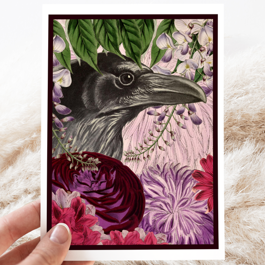 Greeting Card. Vintage Raven With Purple Flowers