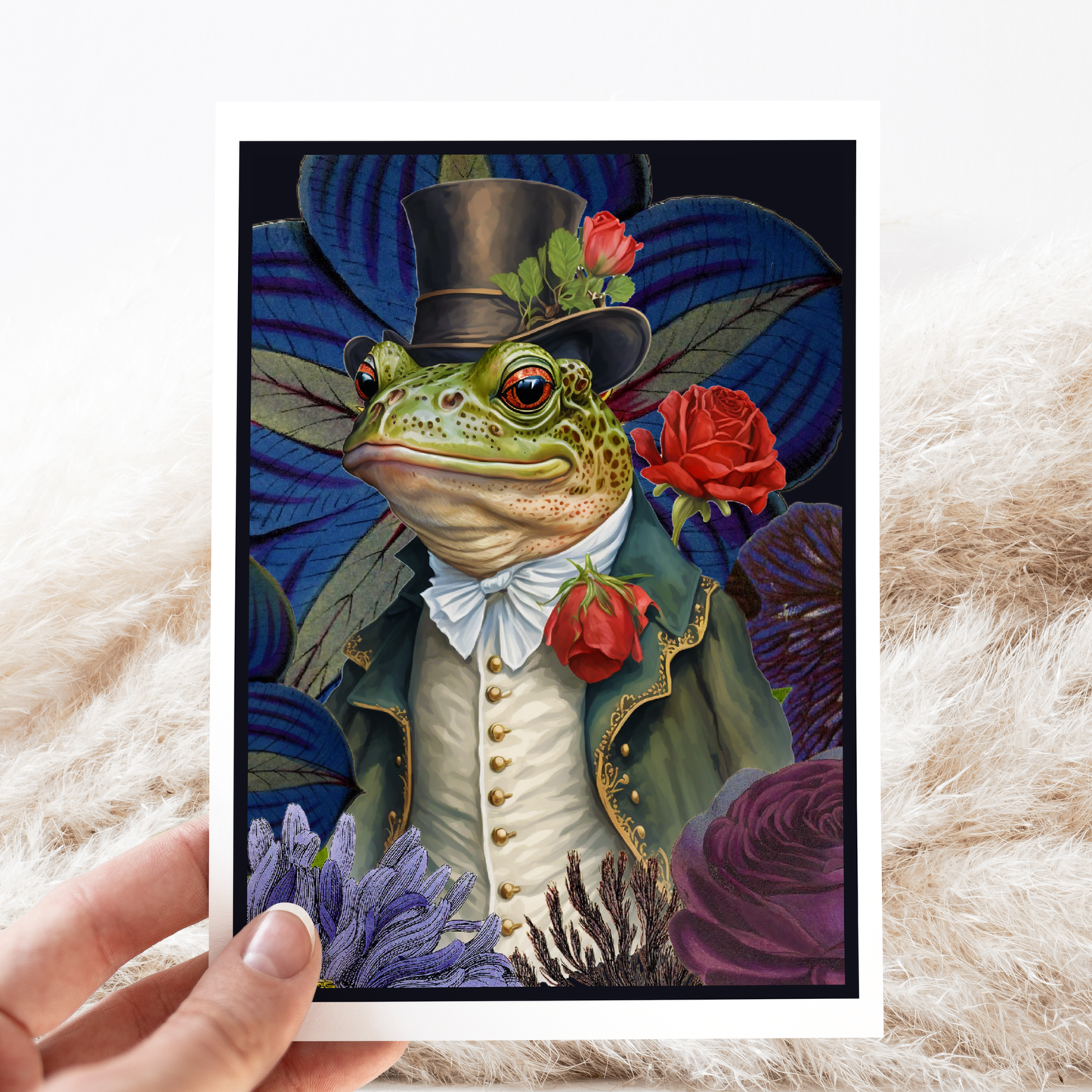 Greeting Card. Smartly Dressed Frog With Top Hat and Flowers
