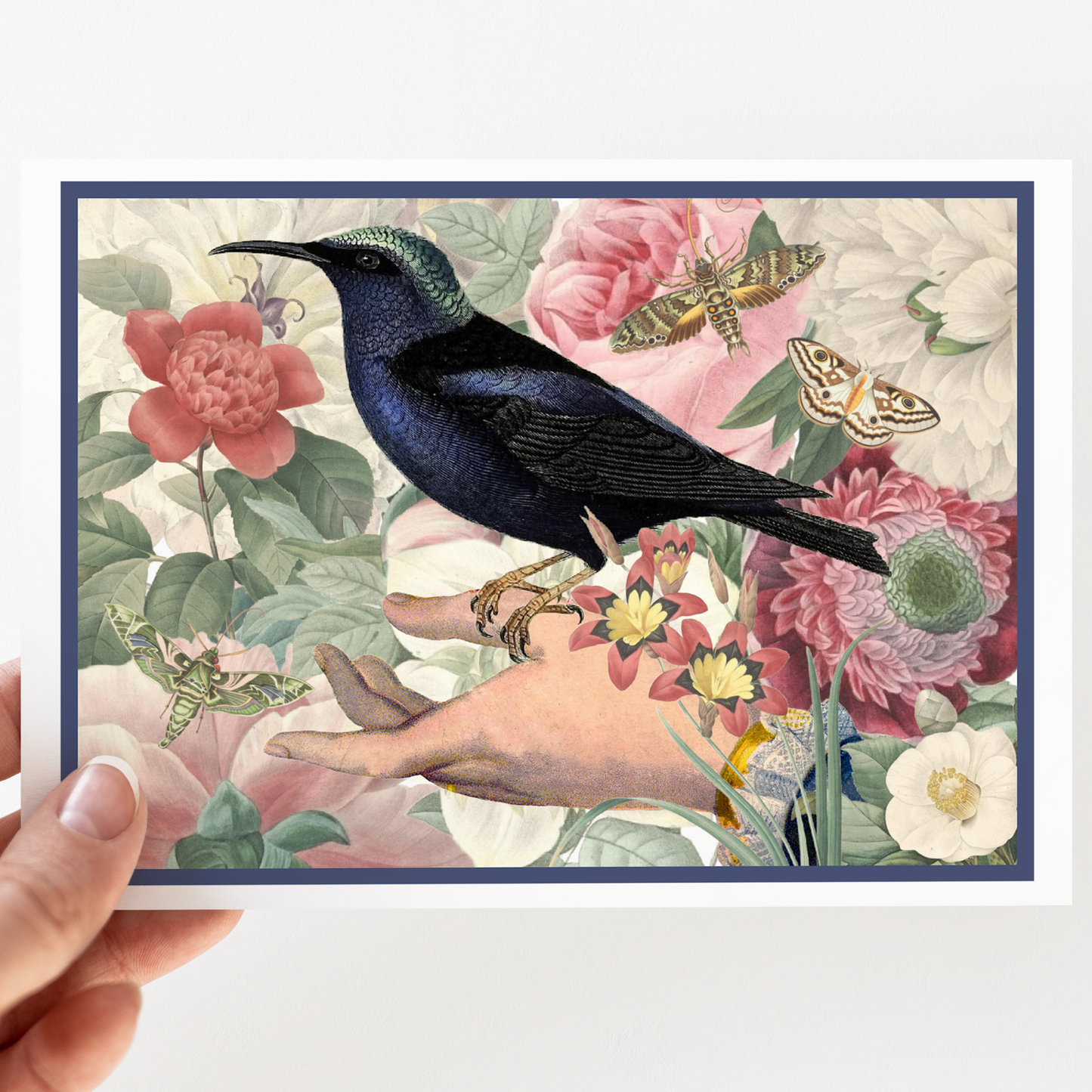 Greeting Card. Vintage Hand With Dark Bird In Florals.