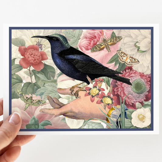 Greeting Card. Vintage Hand With Dark Bird In Florals.
