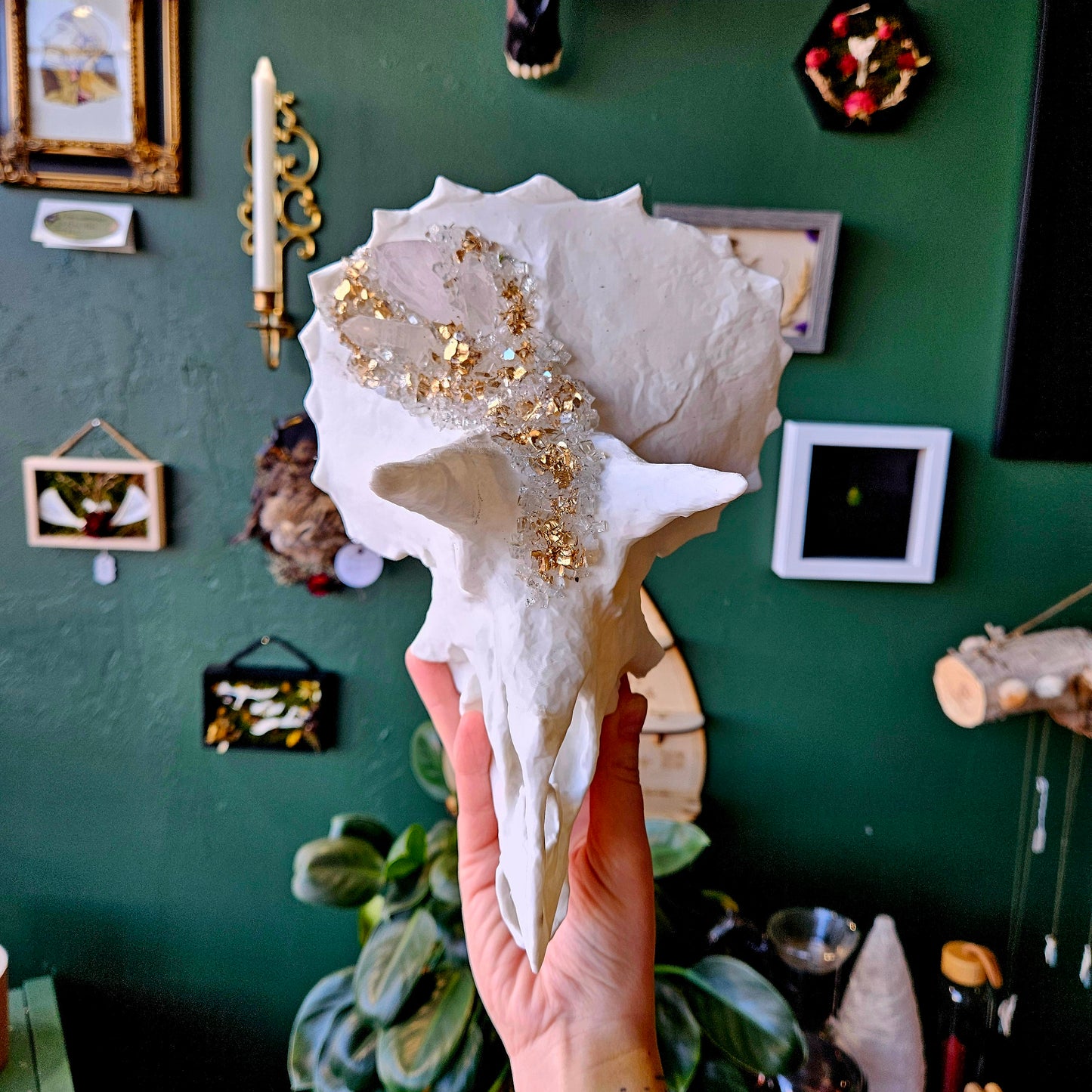 Hanging 3D Printed Triceratops Skull With Clear Quartz