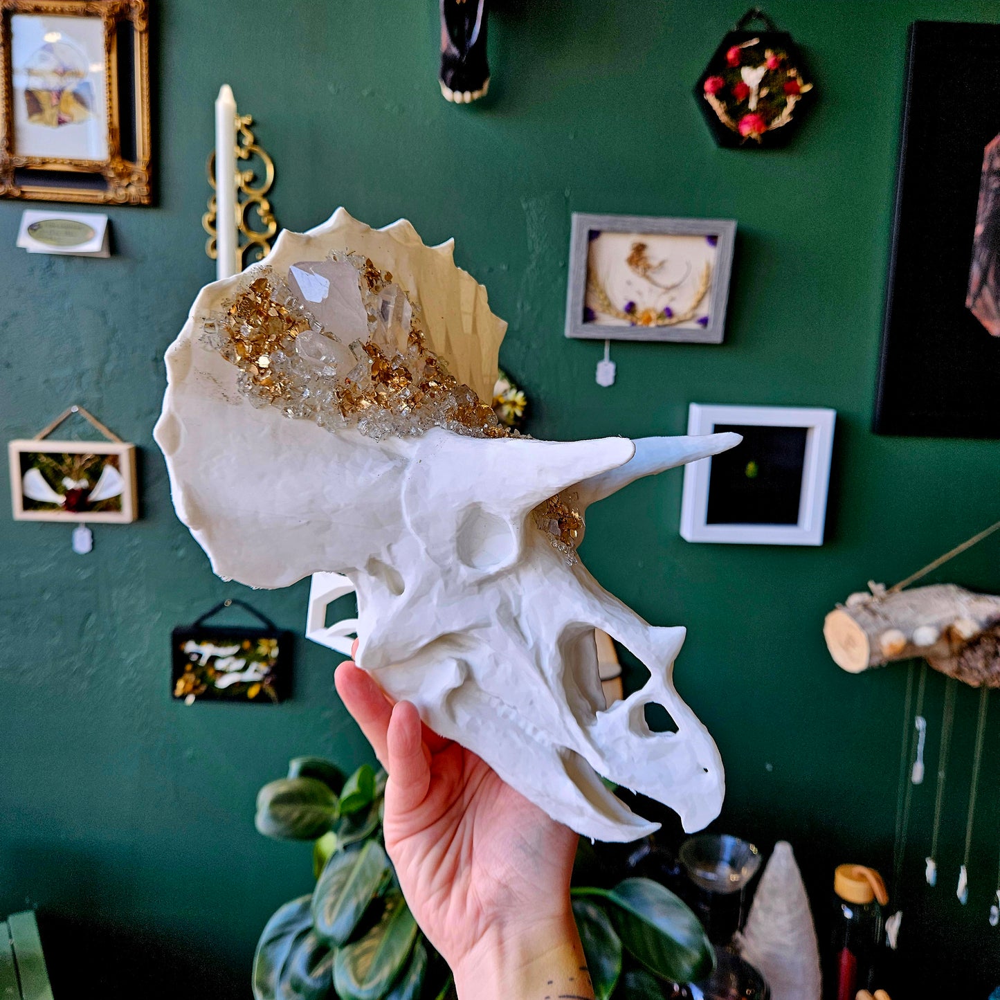 Hanging 3D Printed Triceratops Skull With Clear Quartz