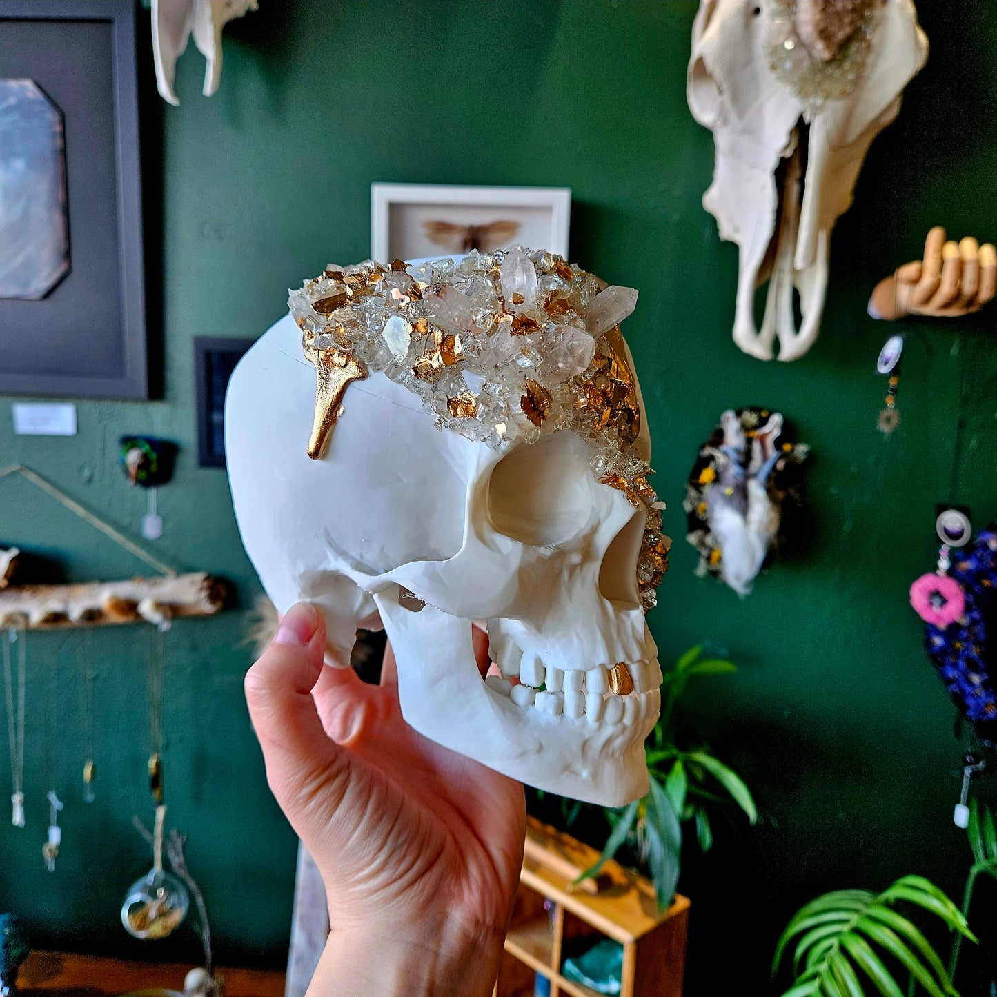 3D Printed Human Skull Large With Clear Quartz