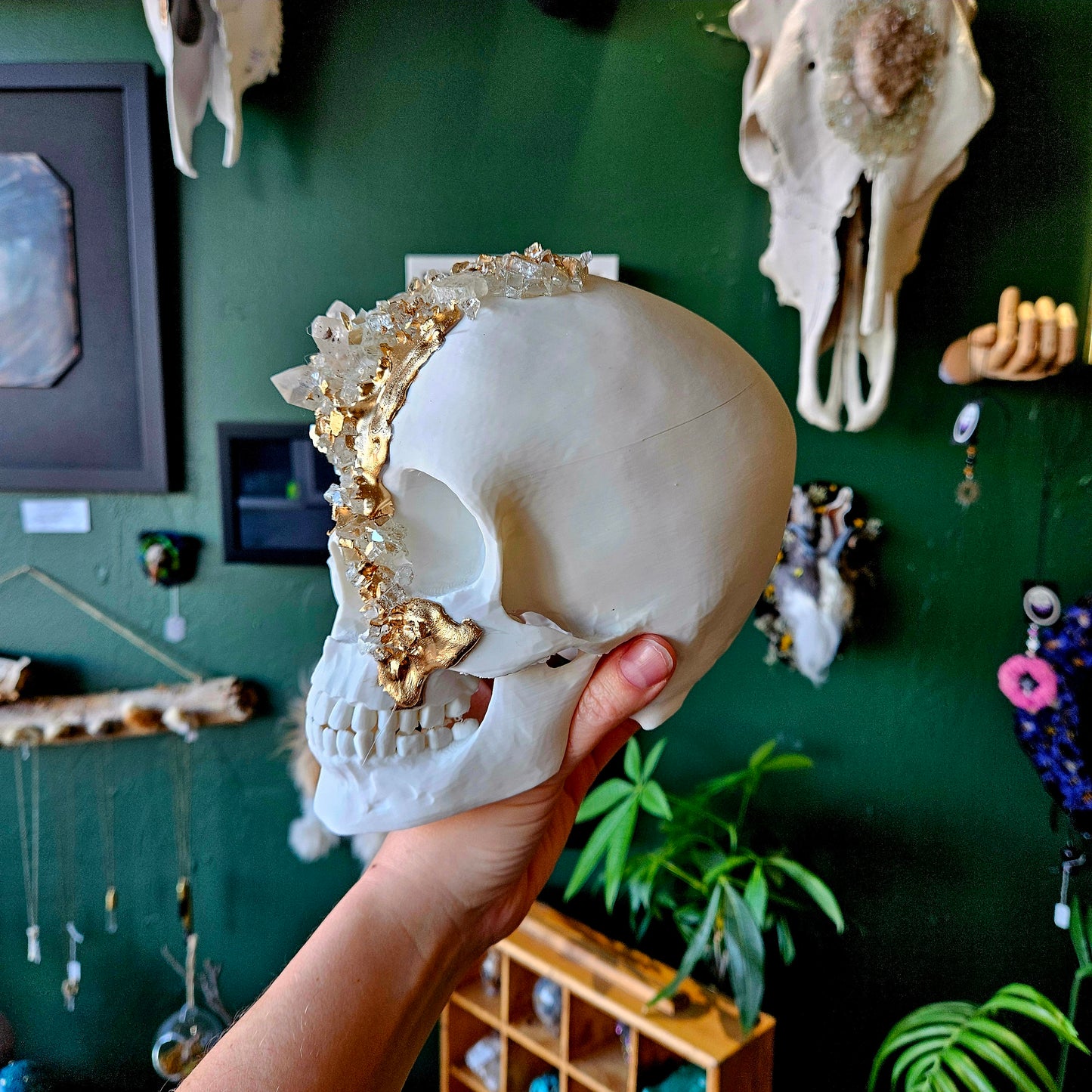 3D Printed Human Skull Large With Clear Quartz