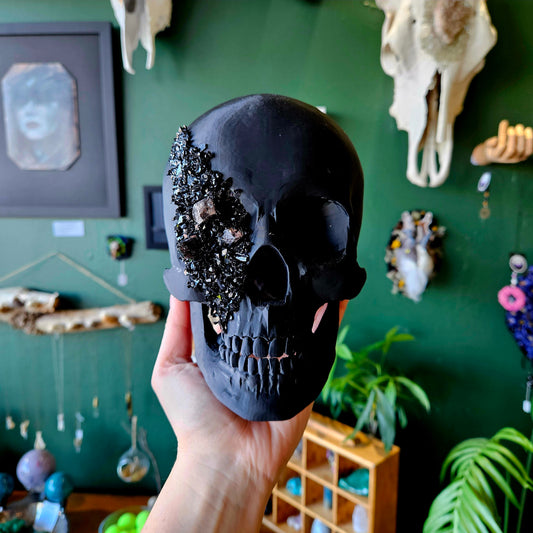 3D Printed Human Skull Large With Smoky Quartz