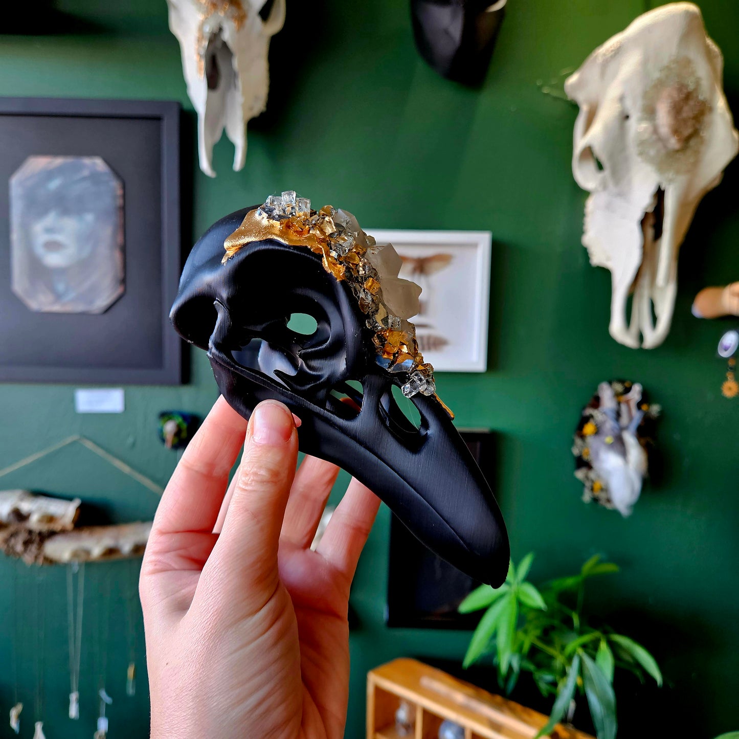 3D Printed Raven Skull With Clear Quartz - Wall Hanging