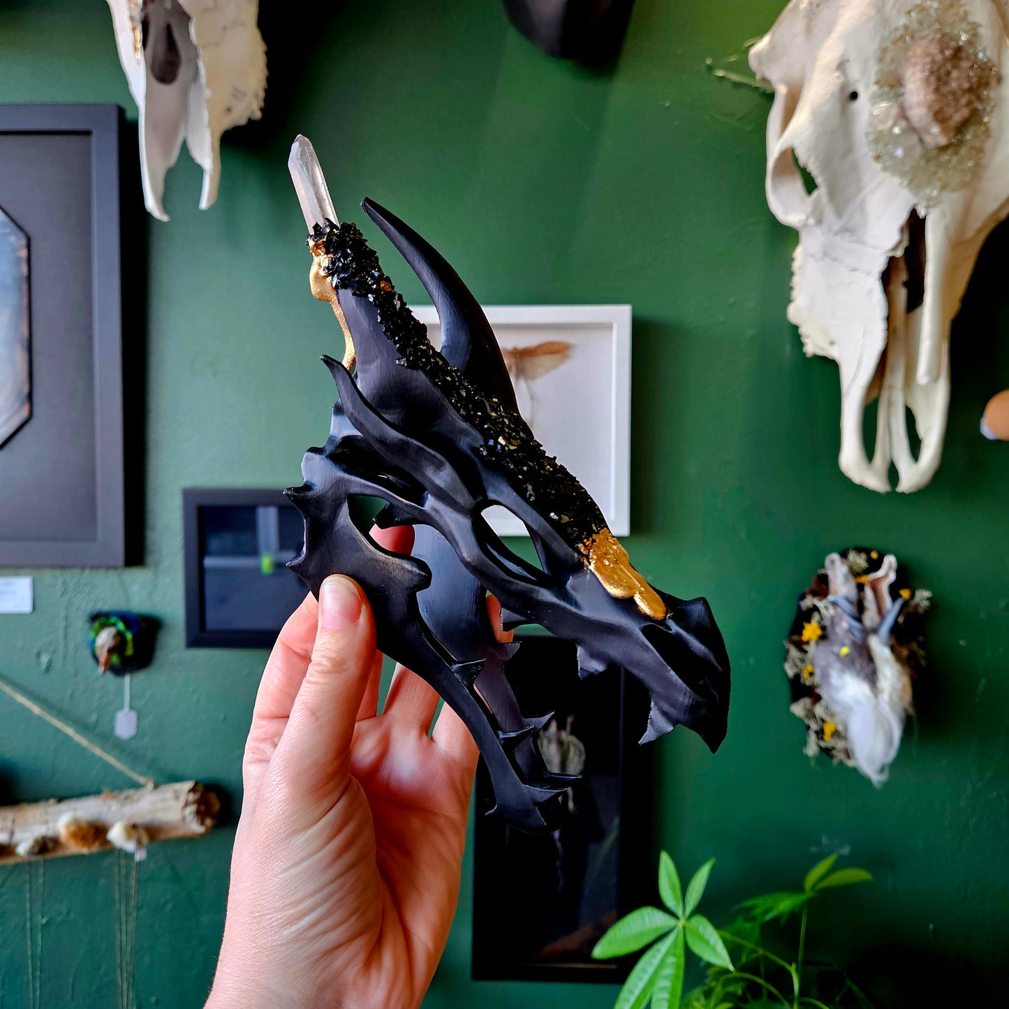 3D Printed Small Dragon Skull With Smoky Quartz