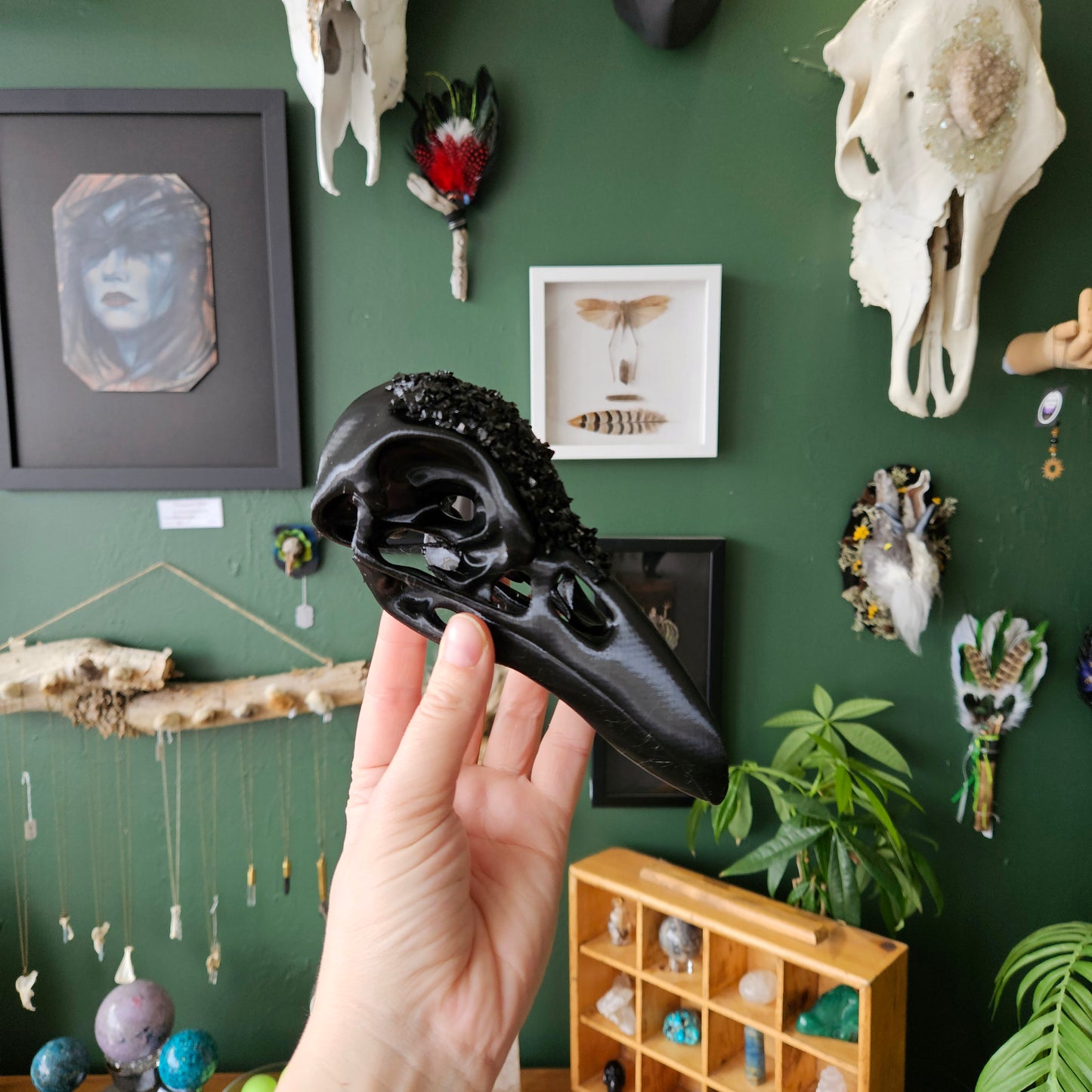 3D Printed Raven Skull With Decorative Glass