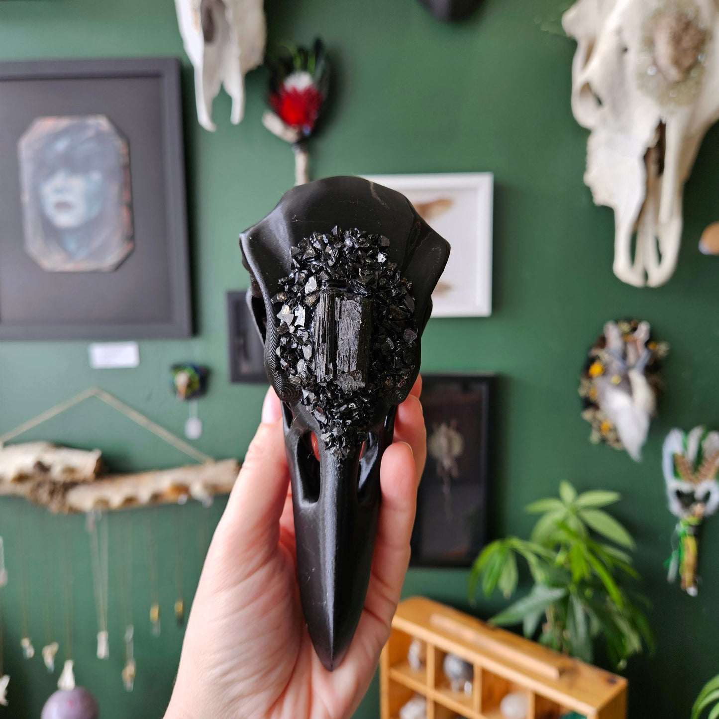 3D Printed Raven Skull With Black Tourmaline