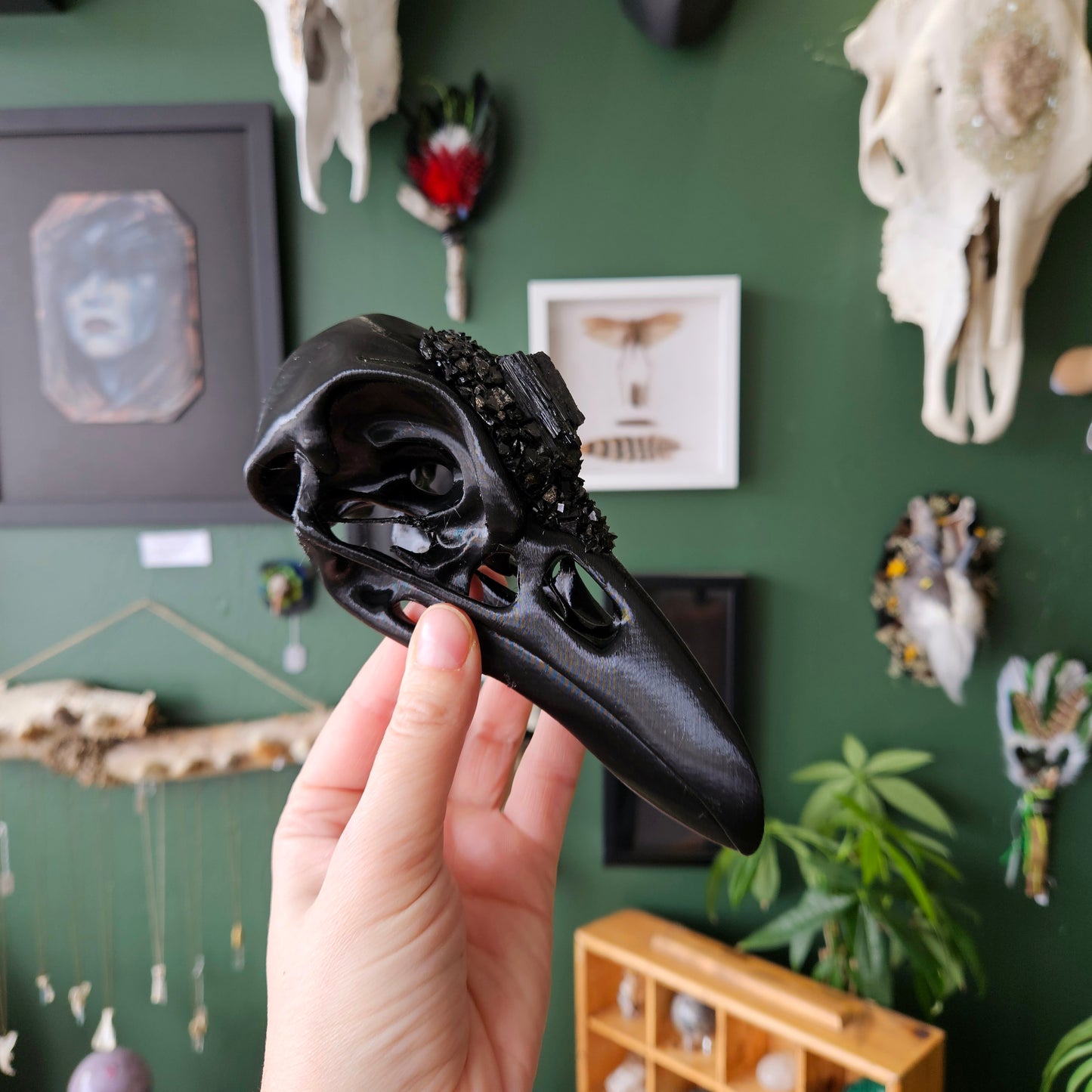 3D Printed Raven Skull With Black Tourmaline