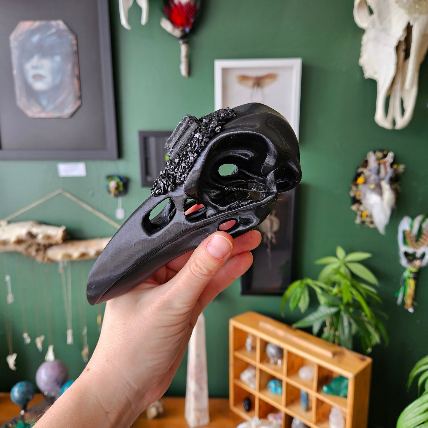 3D Printed Raven Skull With Black Tourmaline