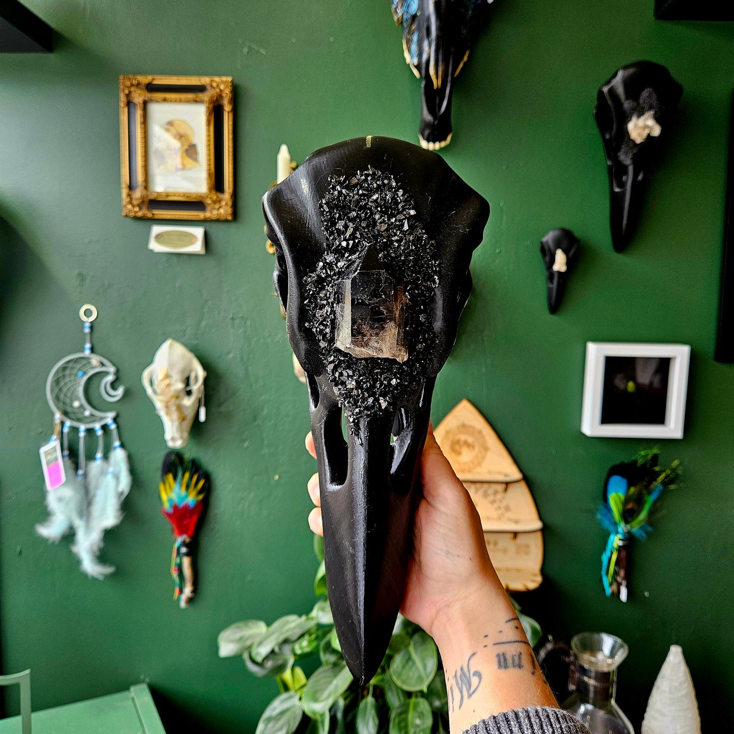 3D Printed XL Raven Skull With Smoky Quartz - Wall Hanging