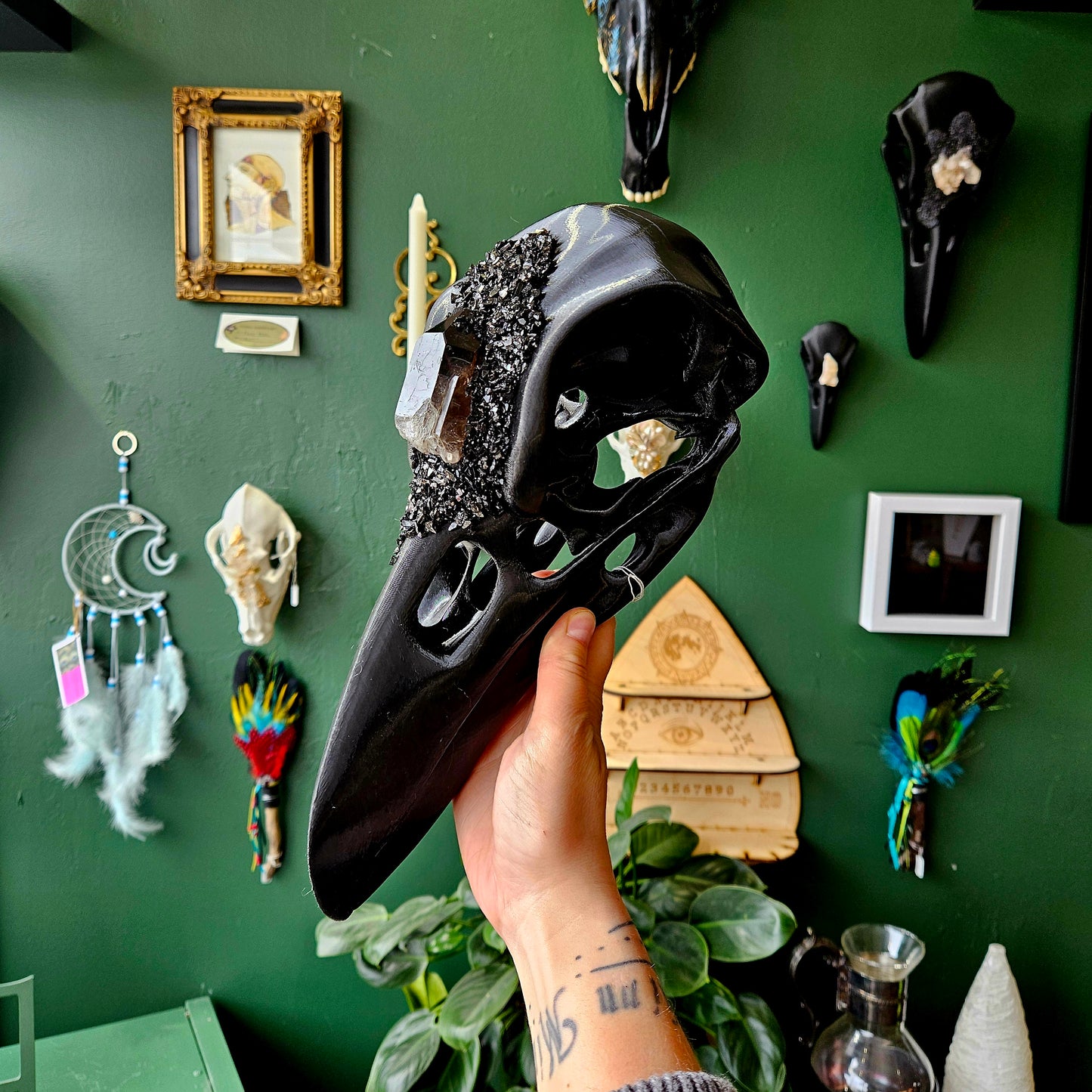 3D Printed XL Raven Skull With Smoky Quartz - Wall Hanging