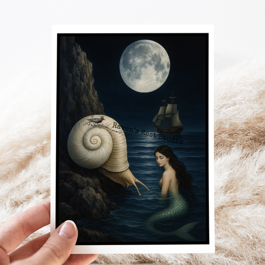 Greeting Card. Magical Snail Mermaid Full Moon Ship Vintage