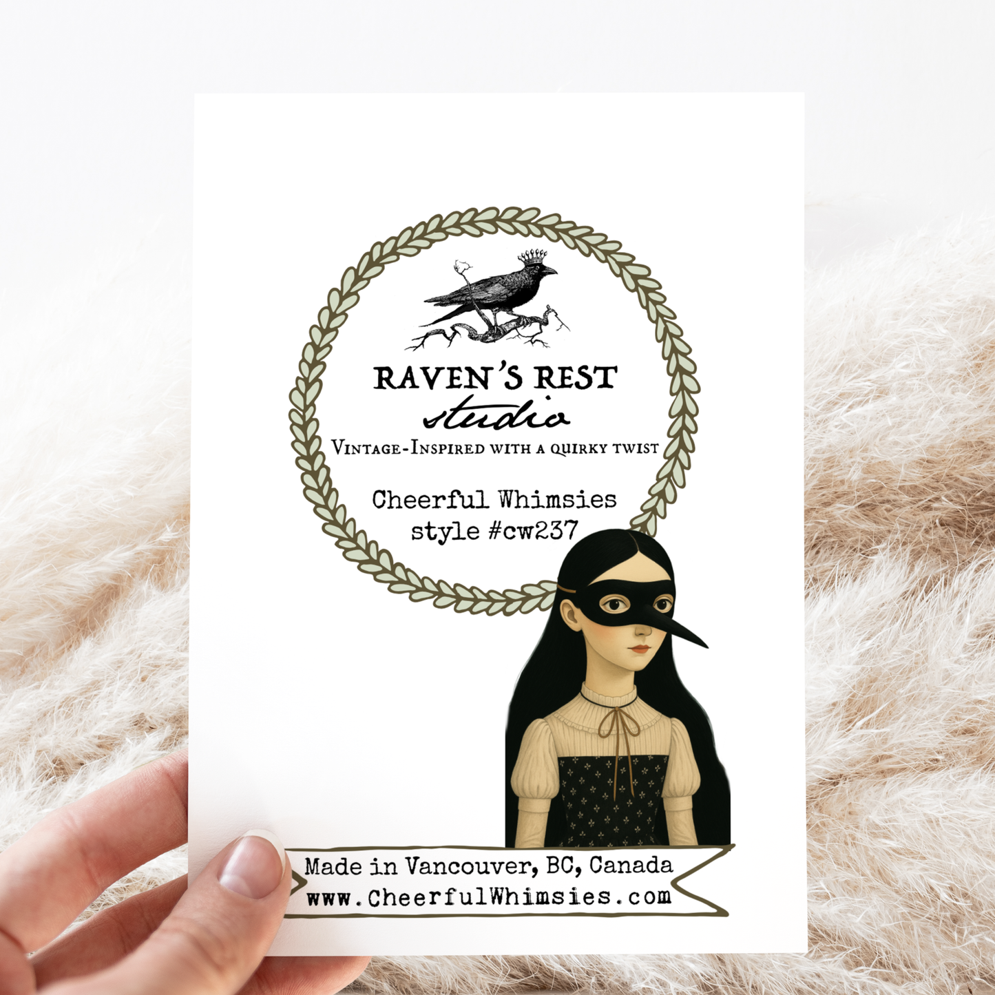 Greeting Card. Girl Wearing Crow Mask  Flowers. Illustration