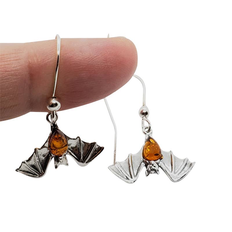 Bat Cognac Amber Sterling Silver Earrings