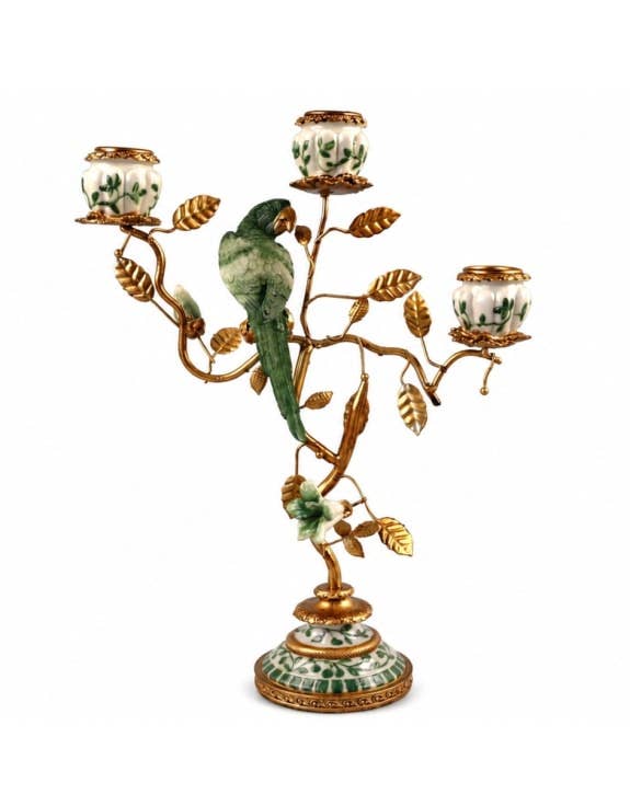 Antiqued Parrot Branch Green/White Multi Candle Holder