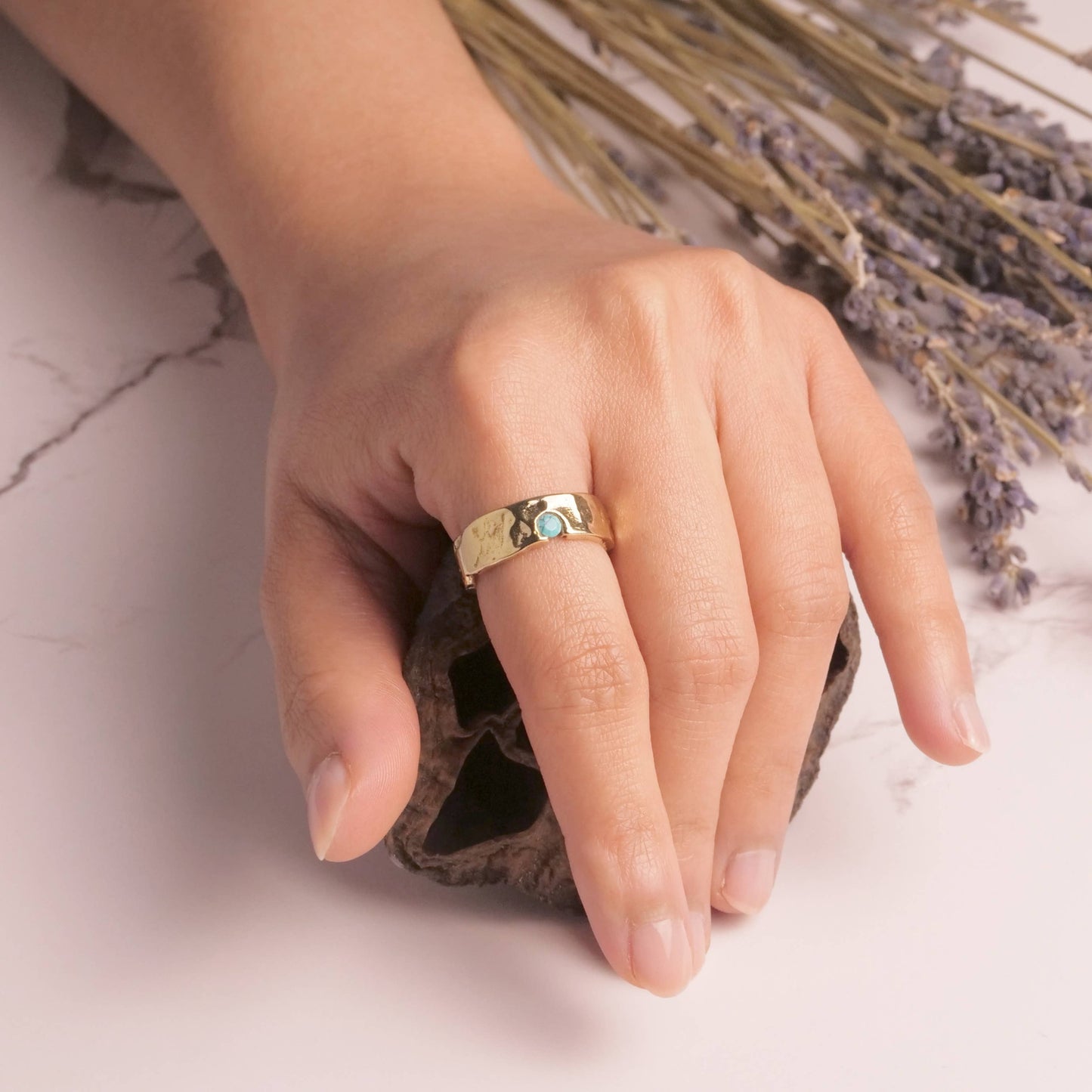 Brass Textured Turquoise Ring