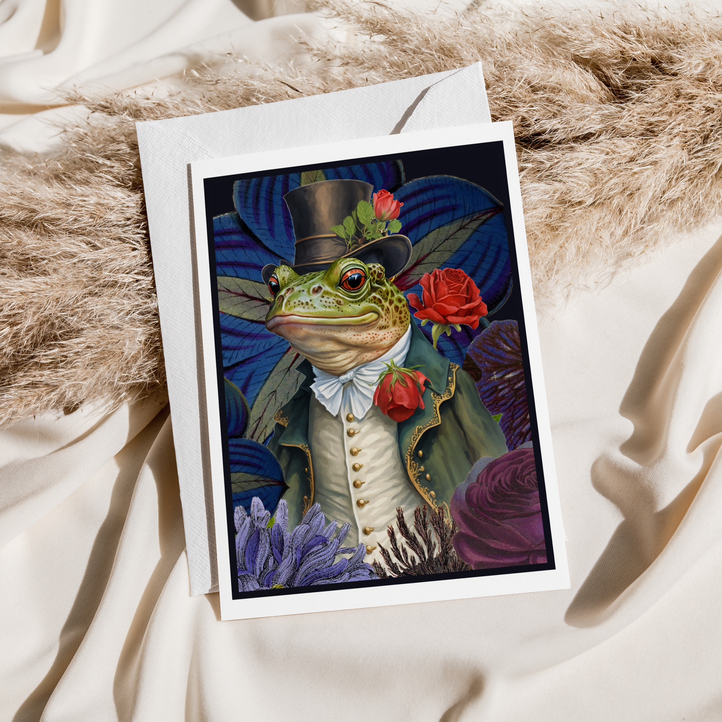 Greeting Card. Smartly Dressed Frog With Top Hat and Flowers