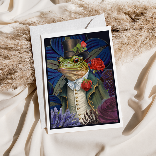 Greeting Card. Smartly Dressed Frog With Top Hat and Flowers