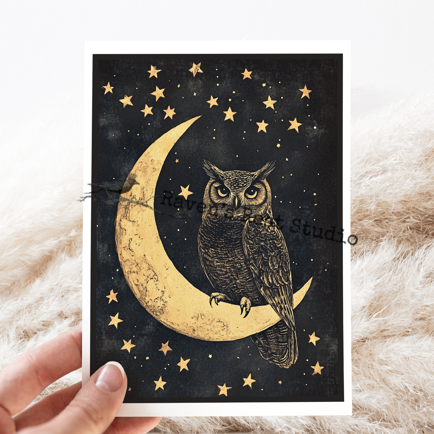 Greeting Card. Magical Owl Perched On The Moon Night Sky.