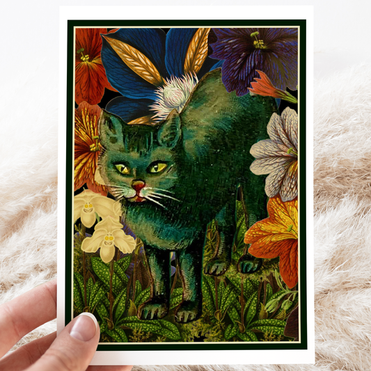 Greeting Card. Vintage Black Cat and Florals. Everyday.