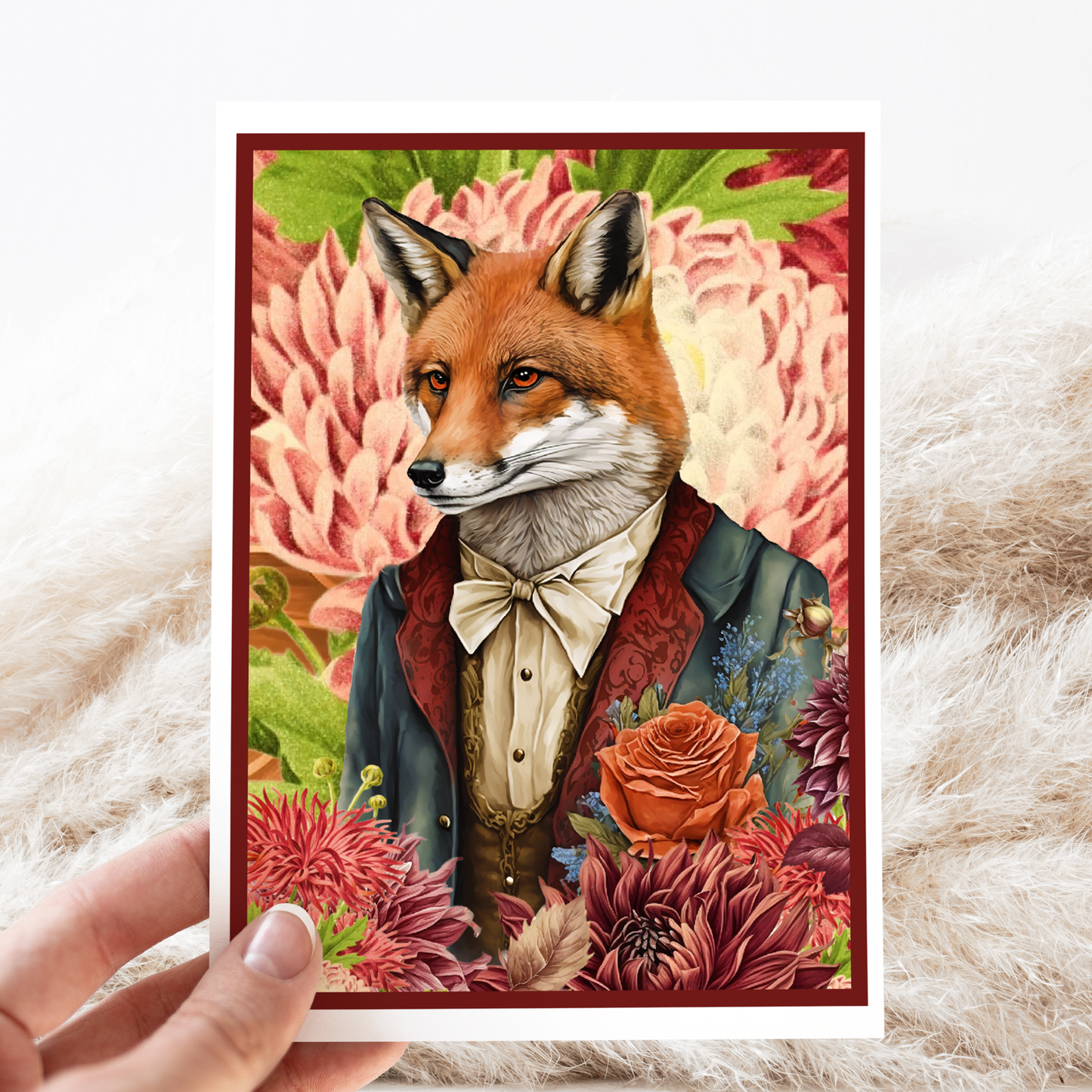 Greeting Card. Smartly Dressed Fox With Flowers.