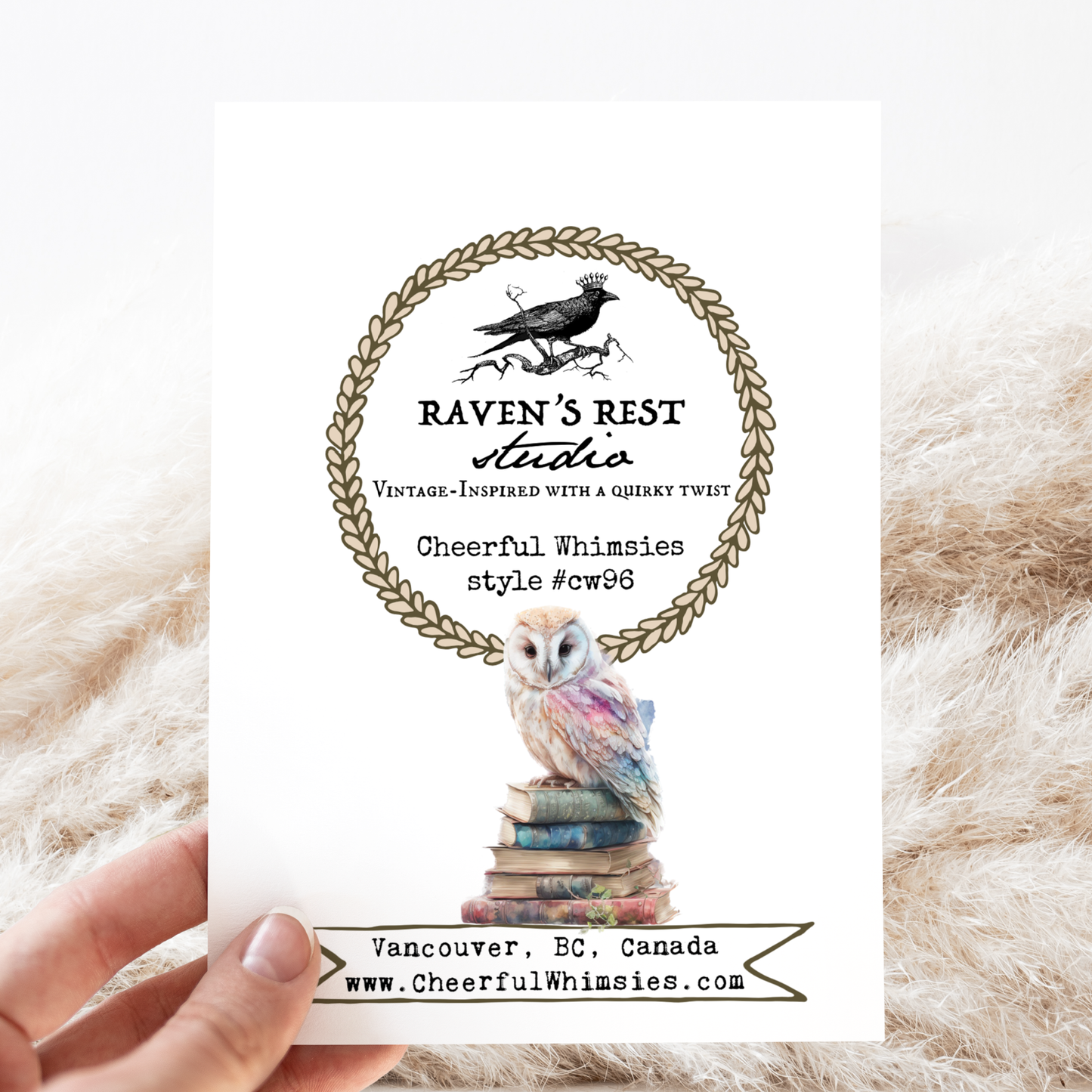 Greeting Card. Owl on Stack of Books With Dahlias.