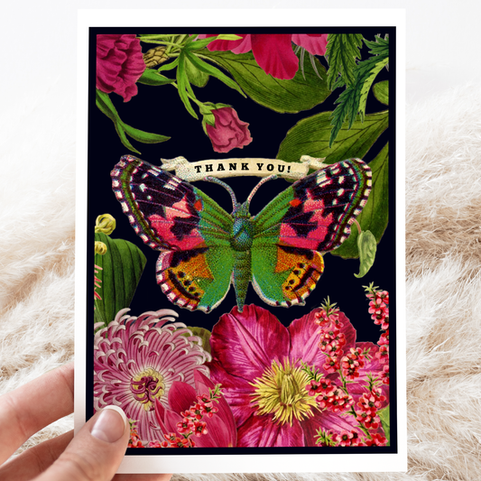 Thank You Card. Vintage Butterfly. Pink Flowers. Floral.