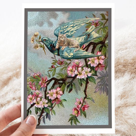 Greeting Card. Vintage Cat Riding Flying Bird.