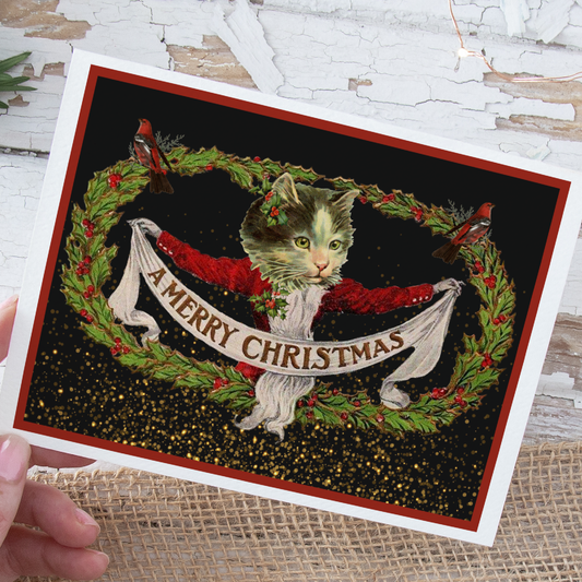 Christmas Card. Vintage Cat With Banner.
