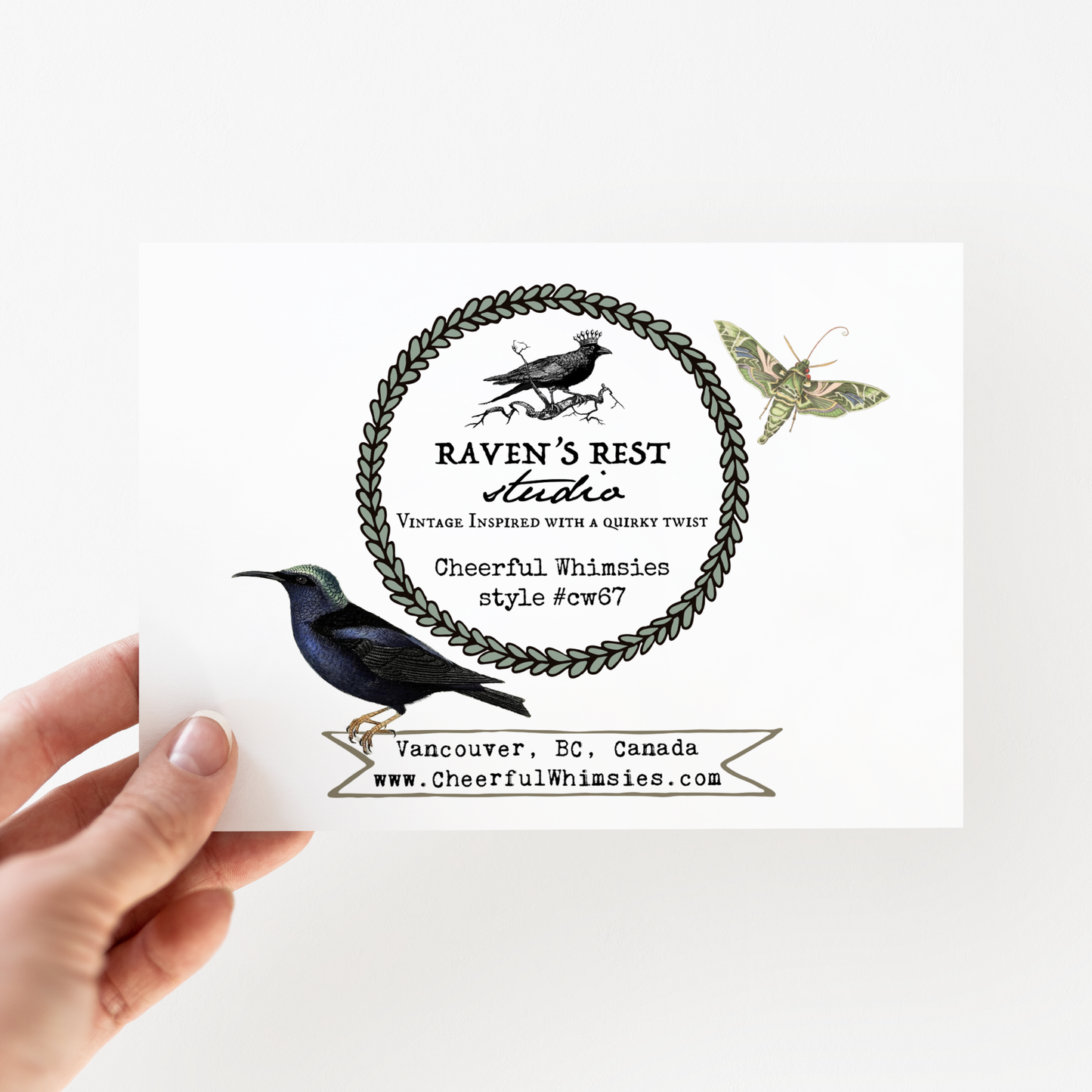 Greeting Card. Vintage Hand With Dark Bird In Florals.