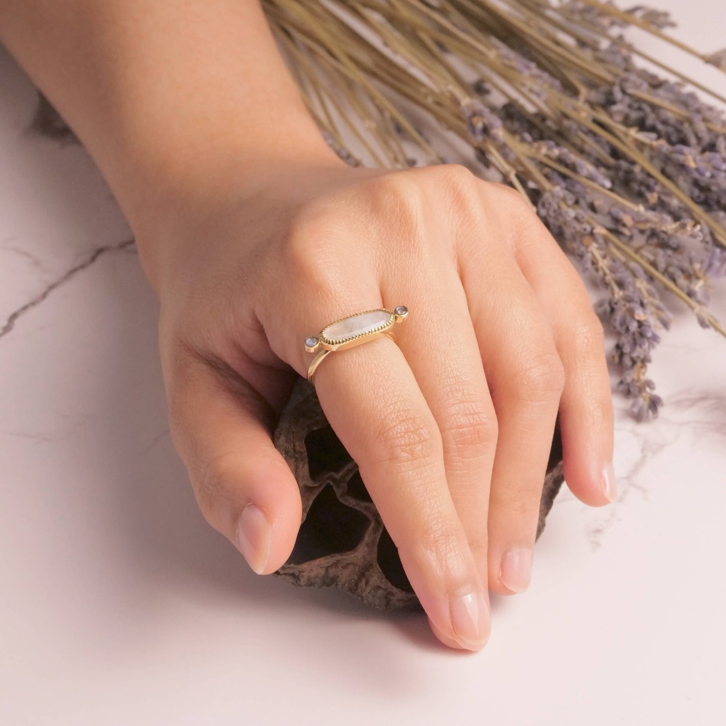 Brass Long Moonstone Ring