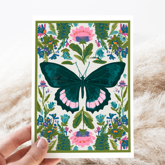Greeting Card. Vintage Butterfly and Florals 2. Everyday.
