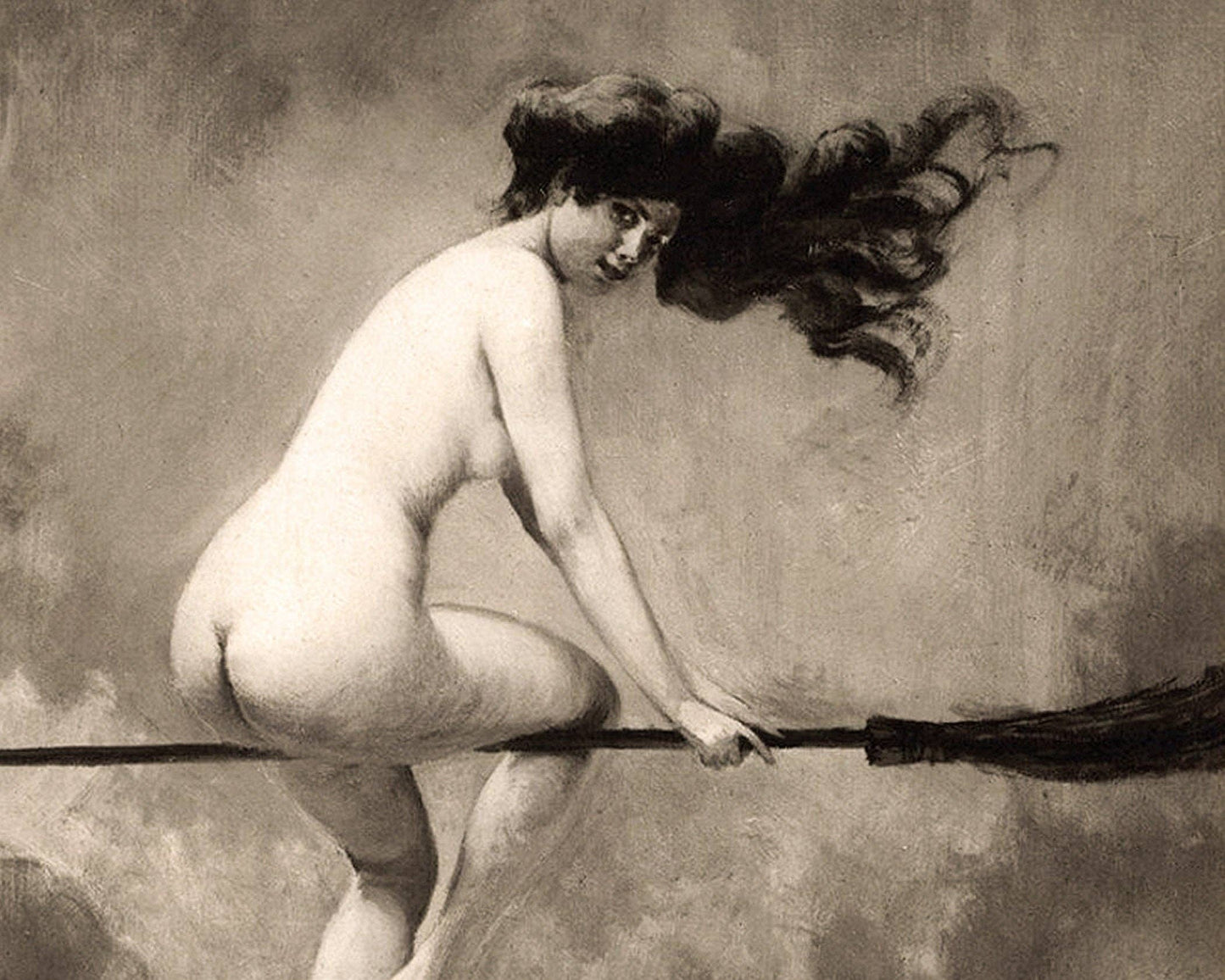 Witch on her broom | Vintage nude woman print | Albert Josep