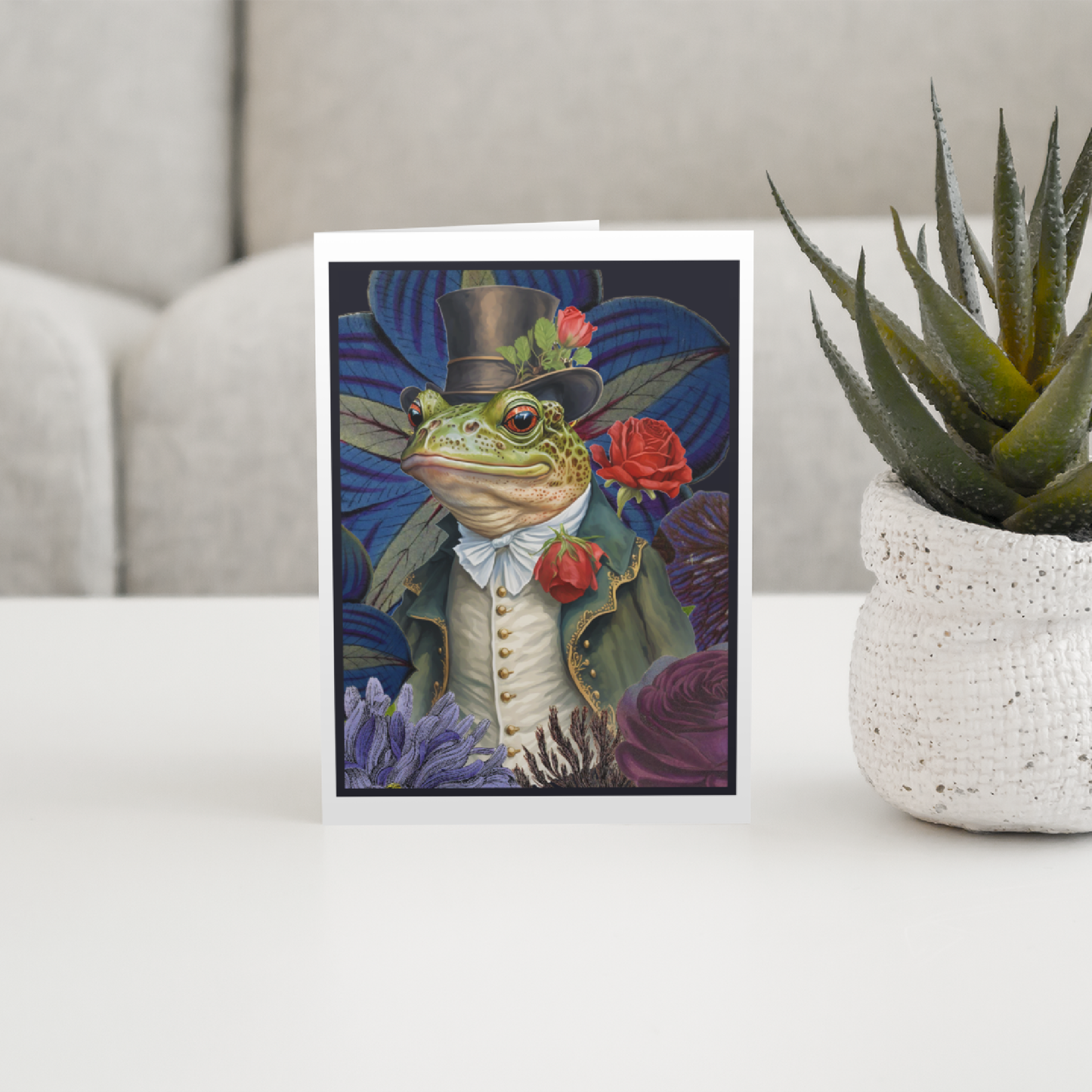 Greeting Card. Smartly Dressed Frog With Top Hat and Flowers