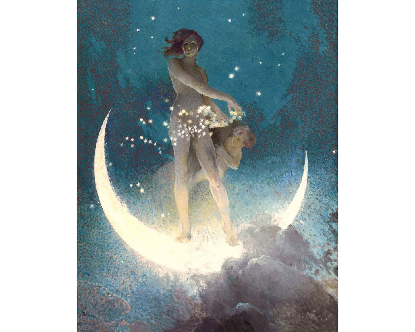 Moon goddess art print | Spring scattering stars | Crescent moon | Vintage nude woman | Art nouveau, deco wall art | Celestial painting