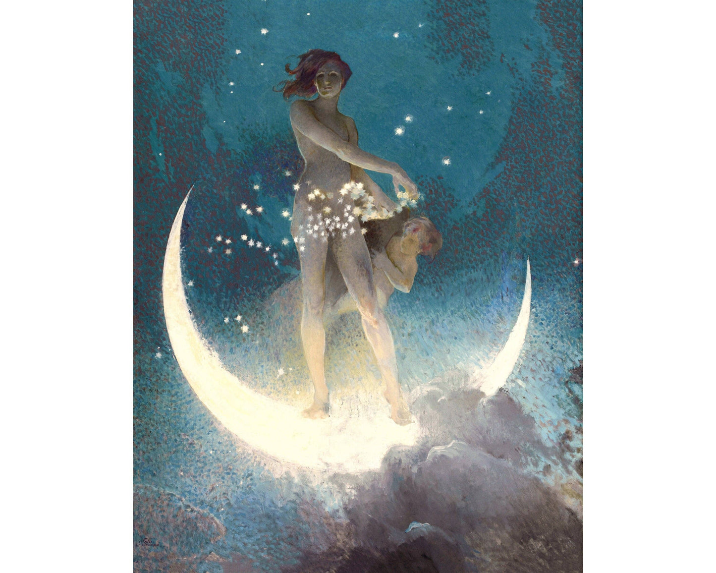 Moon goddess art print | Spring scattering stars | Crescent moon | Vintage nude woman | Art nouveau, deco wall art | Celestial painting