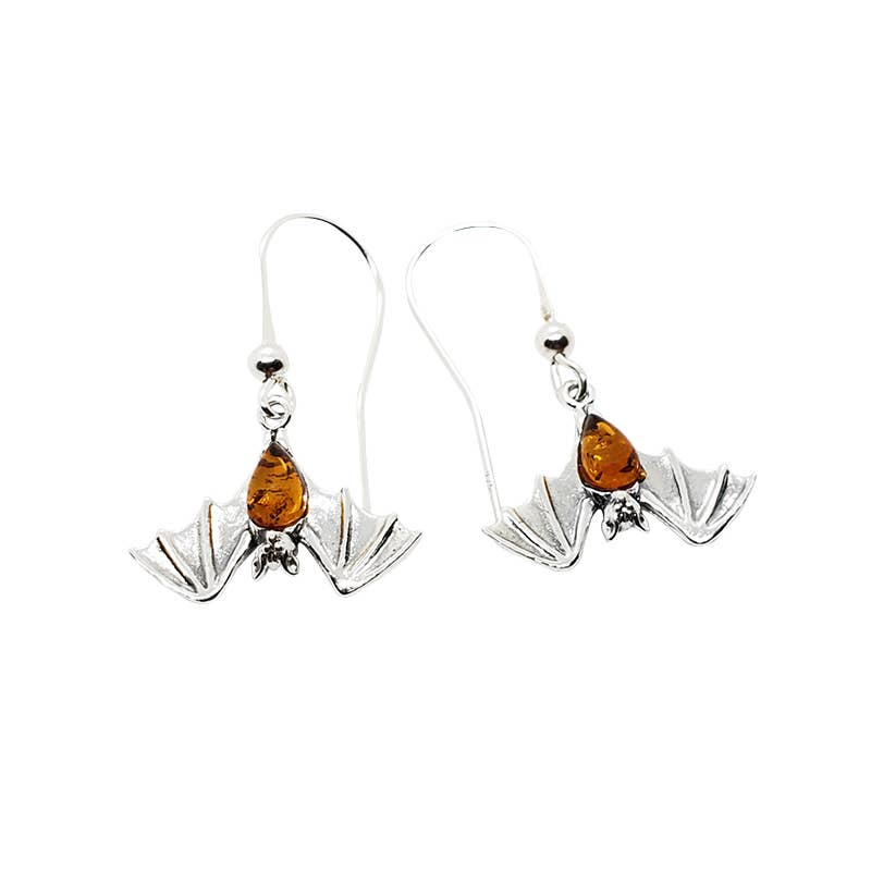 Bat Cognac Amber Sterling Silver Earrings