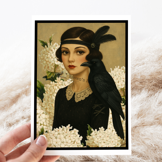 Greeting Card. Flapper Girl With Crow On Shoulder.