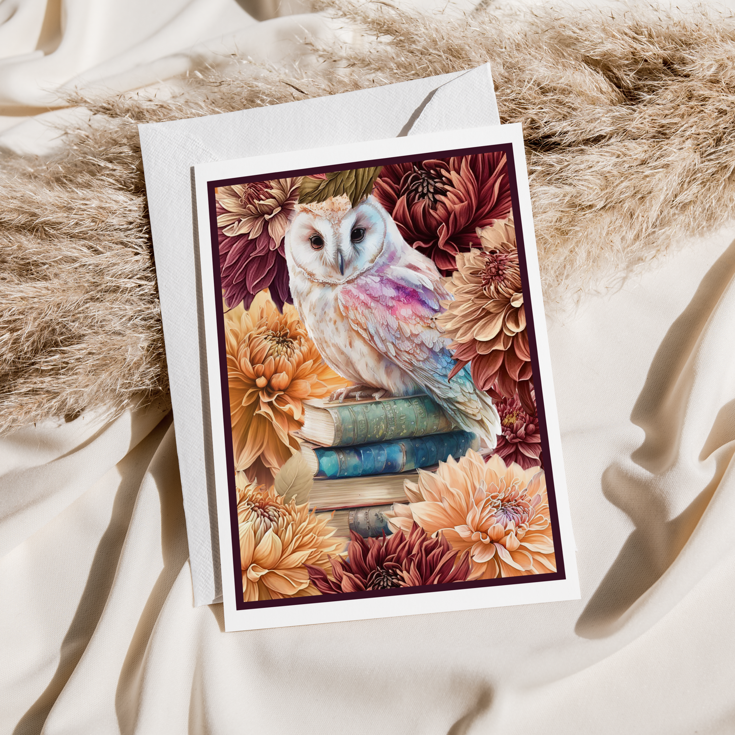 Greeting Card. Owl on Stack of Books With Dahlias.