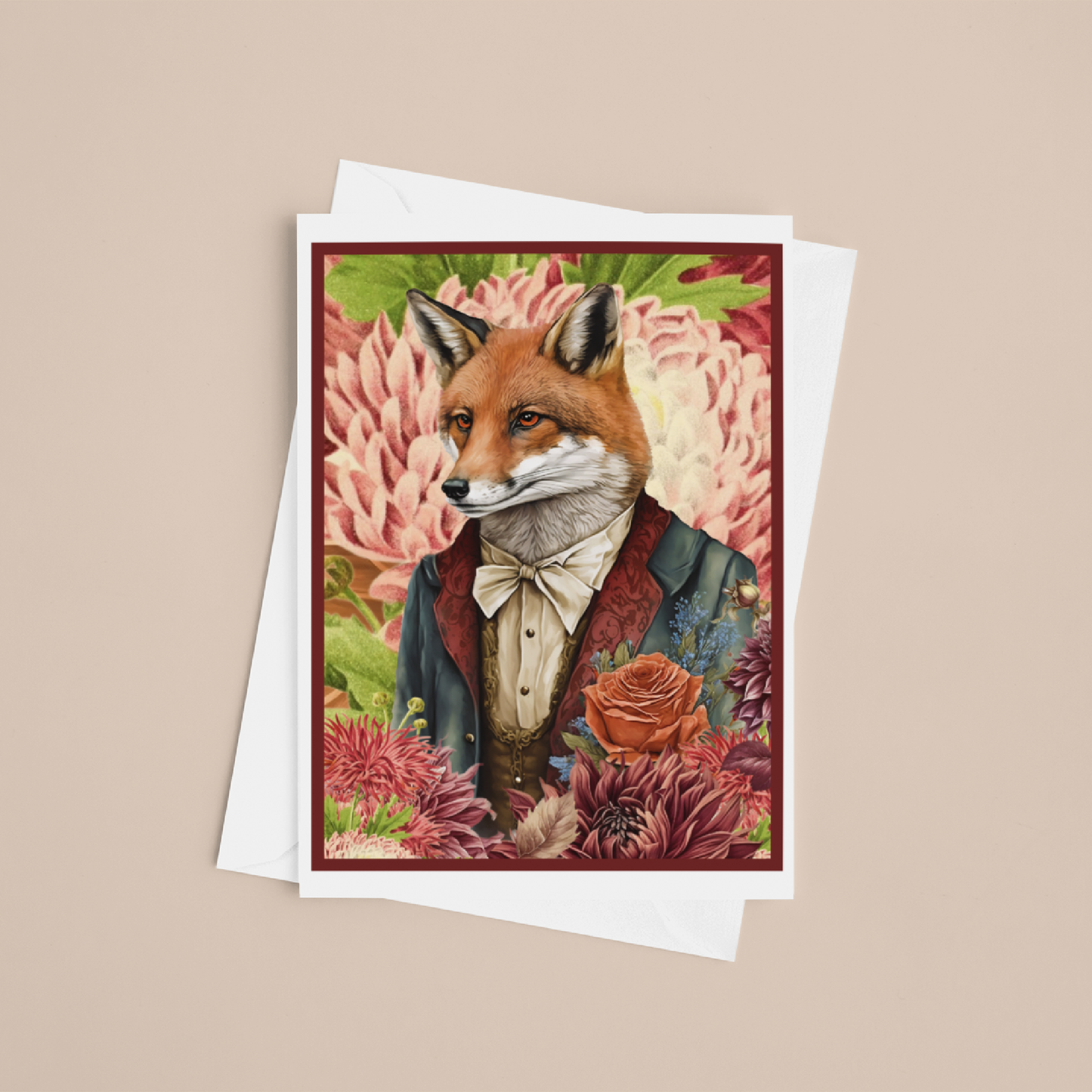 Greeting Card. Smartly Dressed Fox With Flowers.